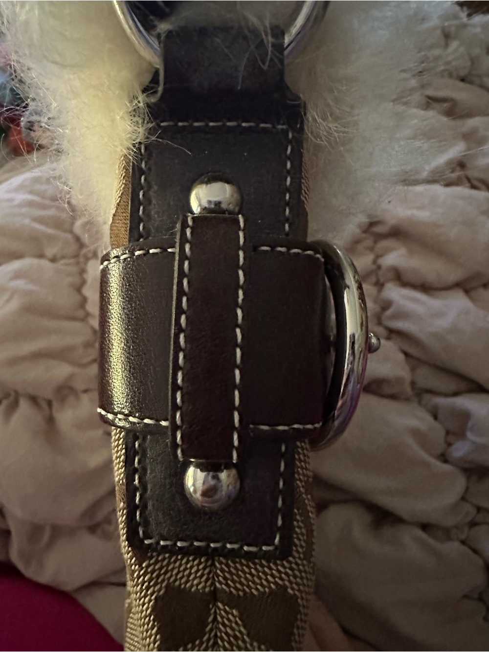 Auth. Coach Brown Signature Canvas Shoulder Bag with Shearling Cream Fur Trim!! - Picture 10 of 15